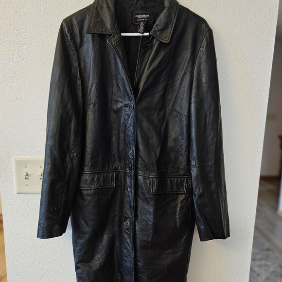 American Eagle Outfitters -  Long Black Leather Coat - Buttons Up - Lined  -Sz L - Picture 4 of 9